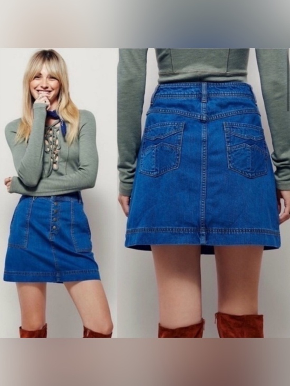 Free People Wildfire Denim Mini Midi Pocket Skirt Sz 31